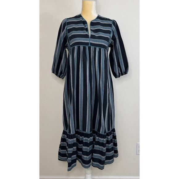 Saint Geraldine Polly Jean Midi Dress Size XS Melbourne Aqua Striped Pockets - Picture 3 of 15